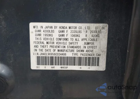 2006 Acura Tsx z USA, uszkodzony, nr VIN JH4CL96956C034486